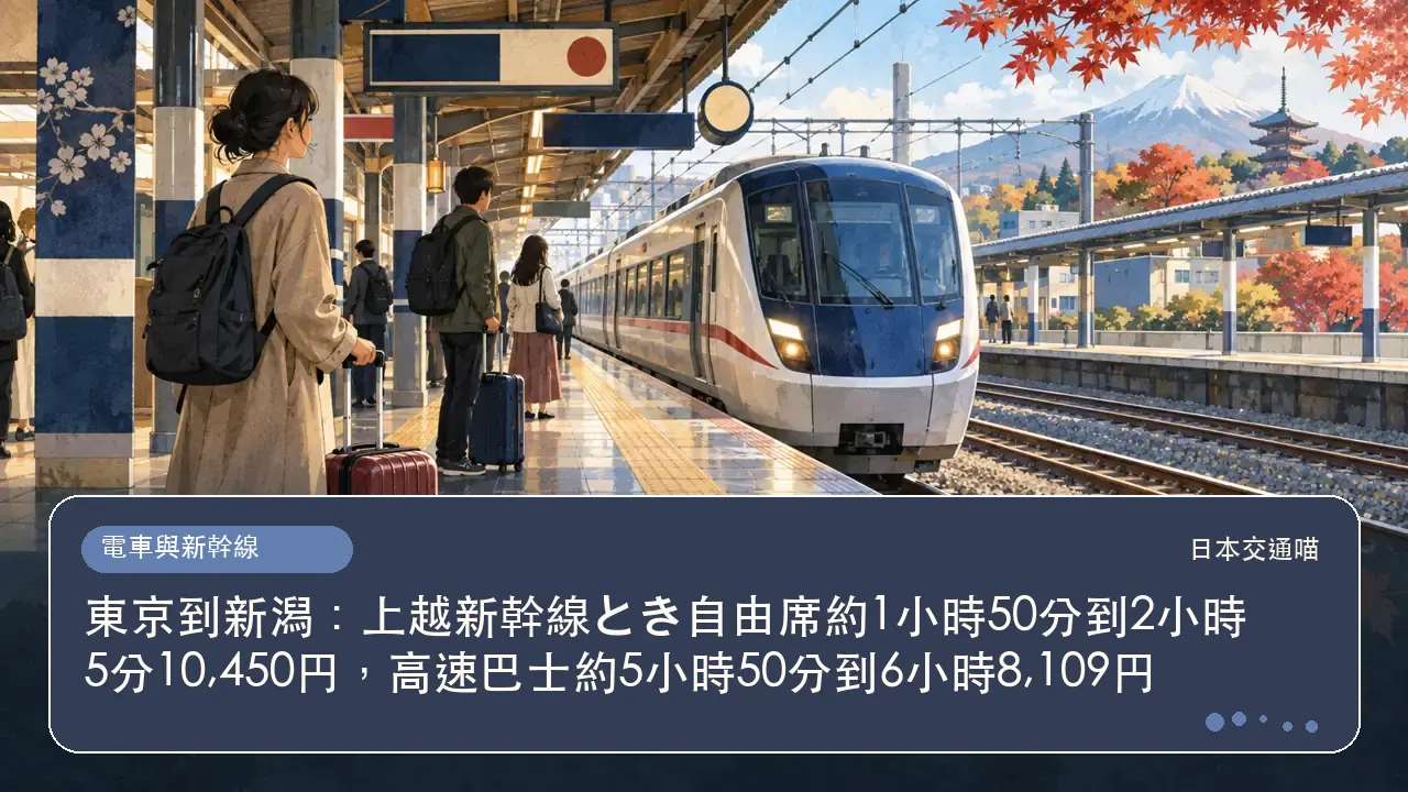 東京到新潟：上越新幹線とき自由席約1小時50分到2小時5分10,450円，高速巴士約5小時50分到6小時8,109円主題插畫