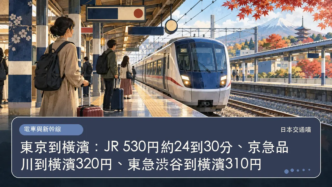 東京到橫濱:JR 530円約24到30分、京急品川到橫濱320円、東急渋谷到橫濱310円主題插畫