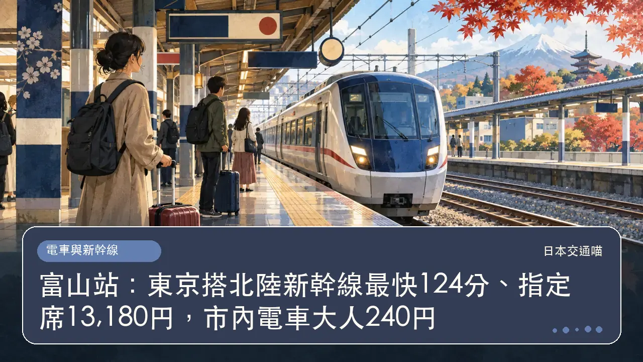 富山站:東京搭北陸新幹線最快124分、指定席13,180円,市內電車大人240円主題插畫