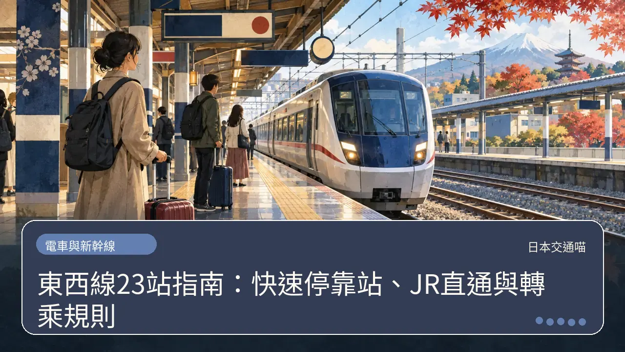 東西線23站指南:快速停靠站、JR直通與轉乘規則主題插畫
