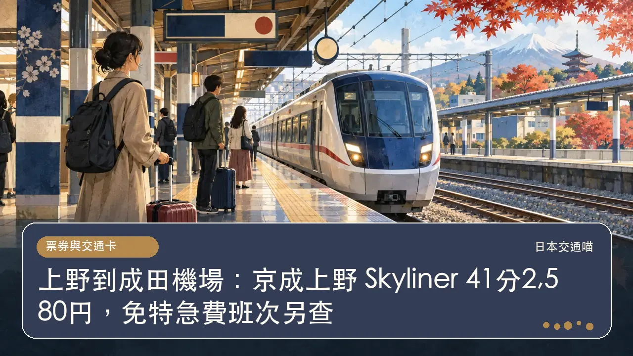 上野到成田機場：京成上野 Skyliner 41分2,580円，免特急費班次另查主題插畫