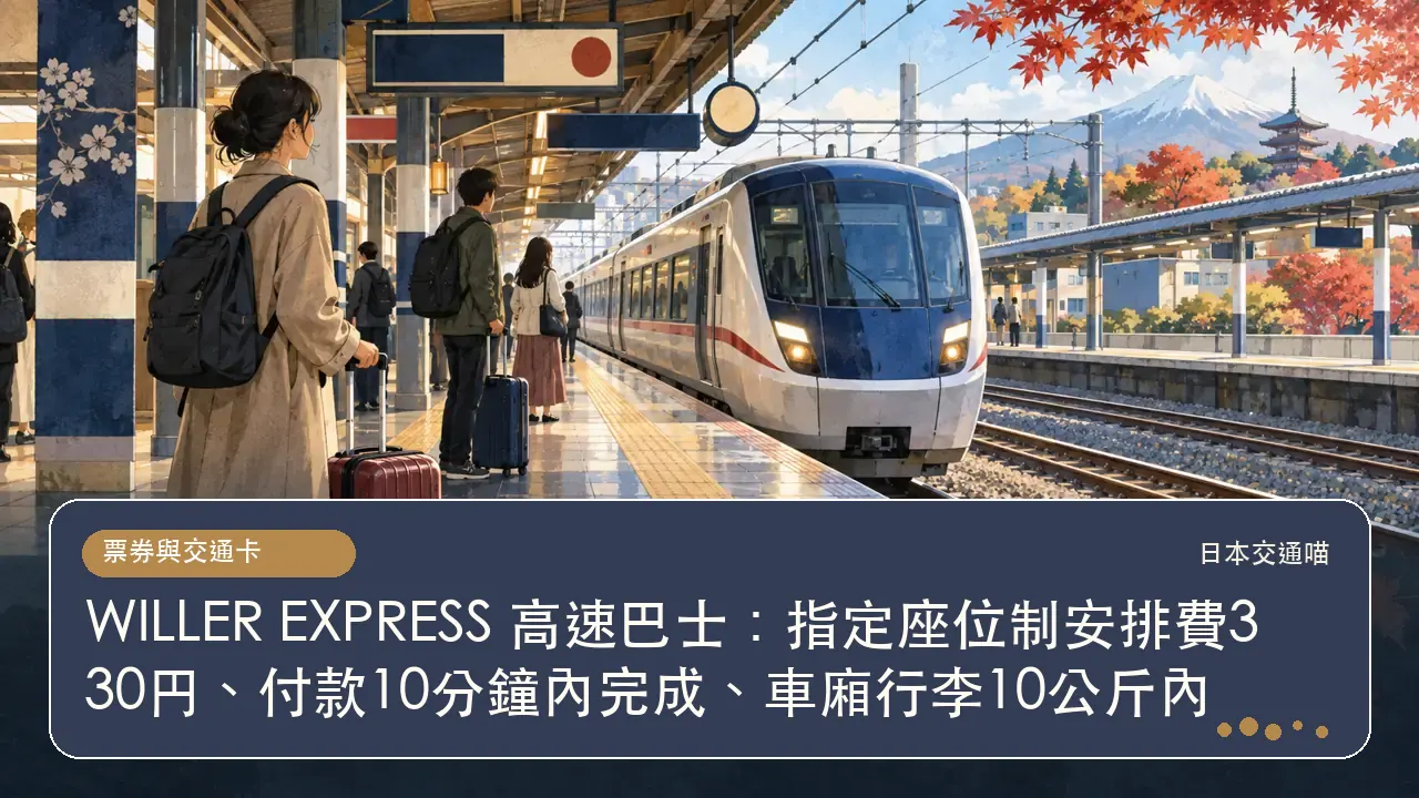 WILLER EXPRESS 高速巴士：指定座位制安排費330円、付款10分鐘內完成、車廂行李10公斤內主題插畫