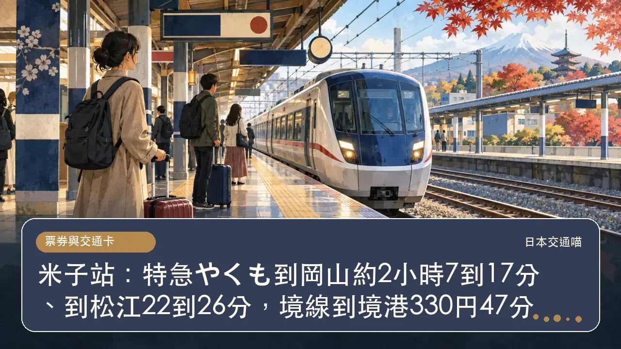 米子站：特急やくも到岡山約2小時7到17分、到松江22到26分，境線到境港330円47分主題插畫