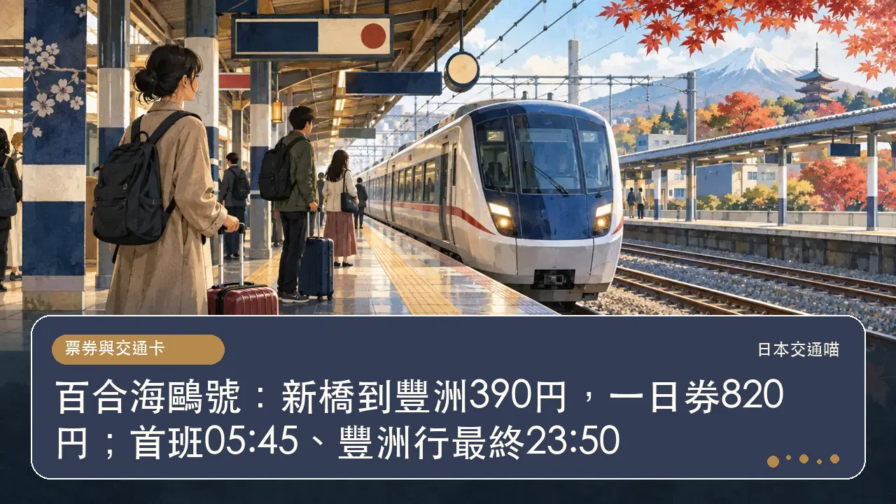 百合海鷗號:新橋到豐洲390円,一日券820円;首班05:45、豐洲行最終23:50主題插畫